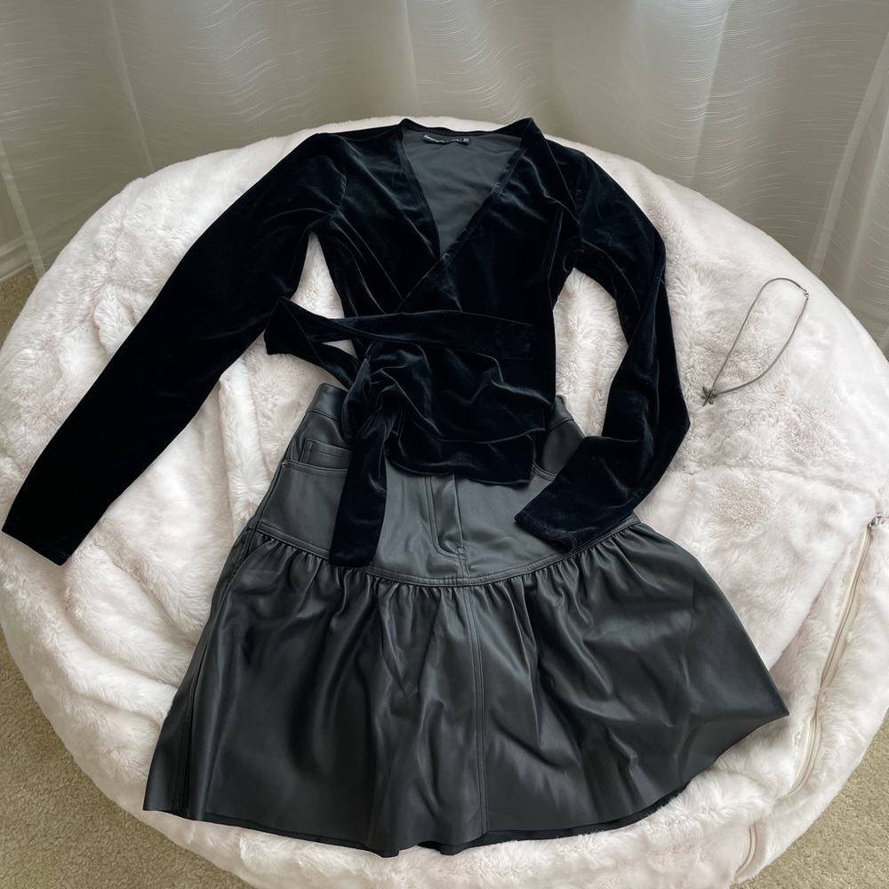 Suede Top Faux Leather Skirt Women Set